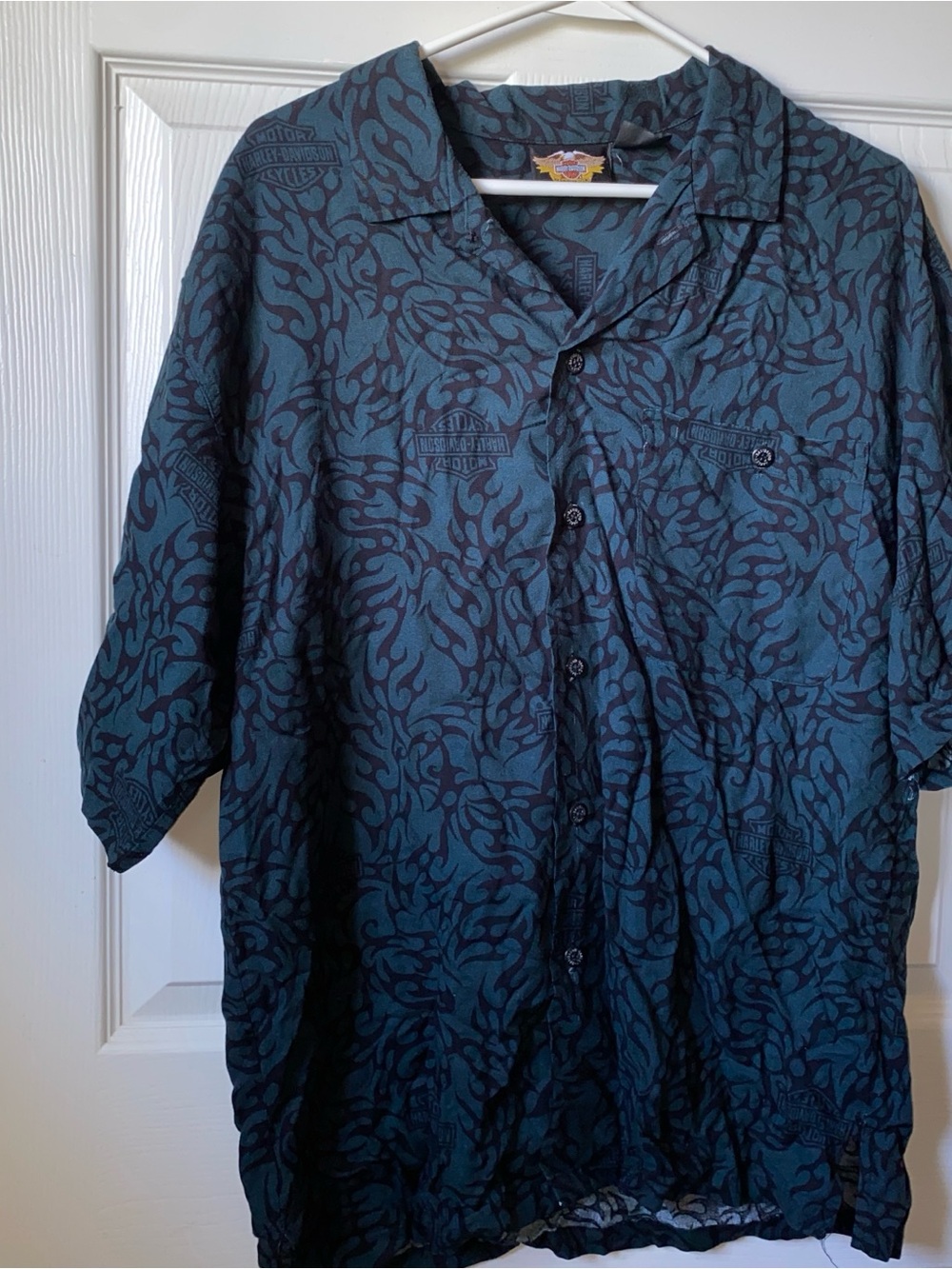 Harley Davidson Y2K Biker Shirt Men Sz M Button Up Hawaiian Camp Stylegreen/blue
